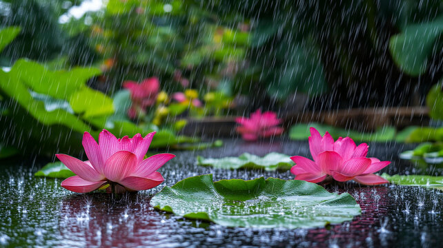 雨中粉蓮花池