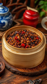 竹制蒸籠里的美味中式辣味菜肴
