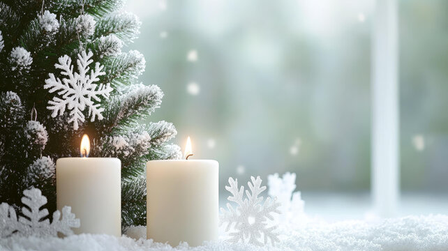 冬季圣誕蠟燭雪花和圣誕樹