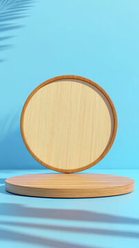 淺藍(lán)色背景上的木質(zhì)展示平臺