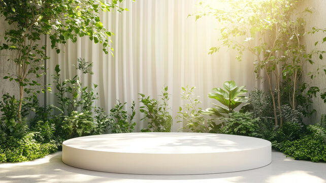 綠植環(huán)繞白色圓形展示臺