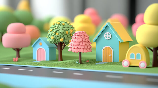 可愛的卡通微縮小鎮(zhèn)場景