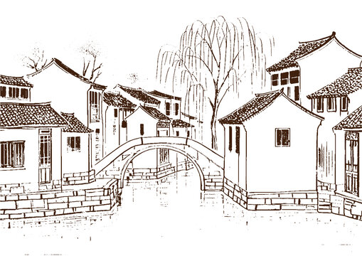 江南水鄉(xiāng)古鎮(zhèn)建筑底紋素描版畫線稿圖矢量圖