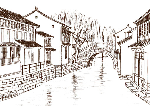 江南水鄉(xiāng)古鎮(zhèn)建筑底紋素描版畫(huà)線稿圖矢量圖