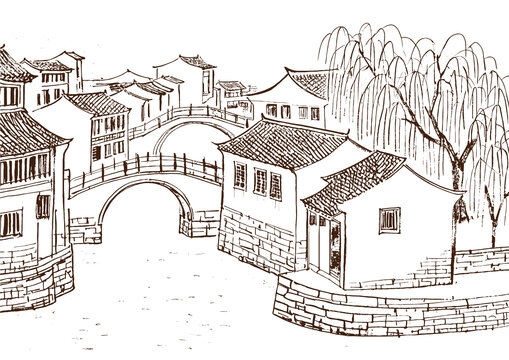 江南水鄉(xiāng)古鎮(zhèn)建筑底紋素描版畫線稿圖矢量圖