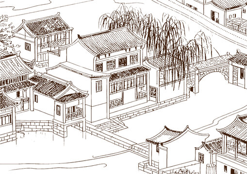 江南水鄉(xiāng)古鎮(zhèn)建筑底紋素描版畫線稿圖矢量圖
