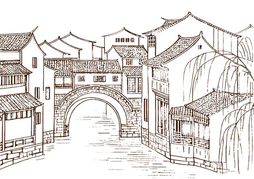 江南水鄉(xiāng)古鎮(zhèn)建筑底紋素描版畫(huà)線稿圖矢量圖
