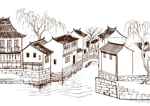 江南水鄉(xiāng)古鎮(zhèn)建筑底紋素描版畫線稿圖矢量圖