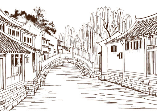 江南水鄉(xiāng)古鎮(zhèn)建筑底紋素描版畫線稿圖矢量圖
