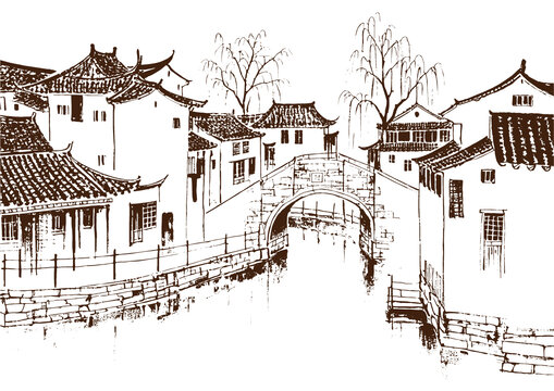江南水鄉(xiāng)古鎮(zhèn)建筑底紋素描版畫(huà)線稿圖矢量圖