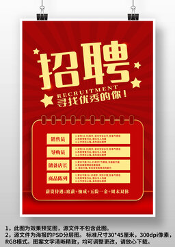 紅色簡約商場店面超市店員招聘廣告海報(bào)設(shè)計(jì)