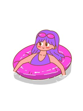夏天帶游泳圈在泳池游泳的小女孩