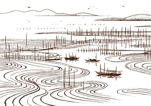 海上灘涂風(fēng)光插圖版畫素描底紋包裝矢量圖