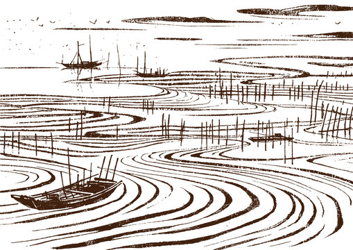 海上灘涂風光插圖版畫素描底紋包裝矢量圖
