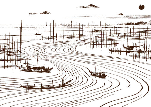 海上灘涂風光插圖版畫素描底紋包裝矢量圖