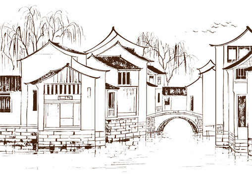 江南水鄉(xiāng)古民居建筑底紋素描版畫線稿矢量圖