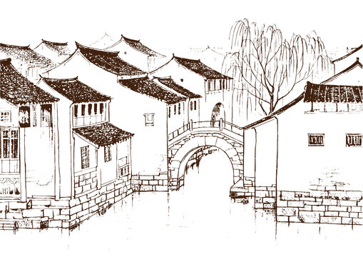 江南水鄉(xiāng)古民居建筑底紋素描版畫線稿矢量圖