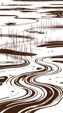 海上灘涂風(fēng)光插圖版畫素描底紋包裝矢量圖