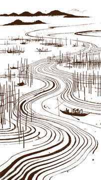 海上灘涂風(fēng)光插圖版畫素描底紋包裝矢量圖