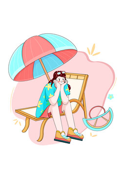 躺椅度假女孩扁平人物插畫