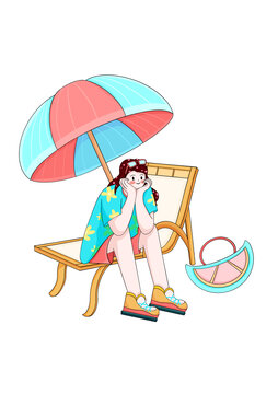 躺椅太陽傘度假女孩插畫