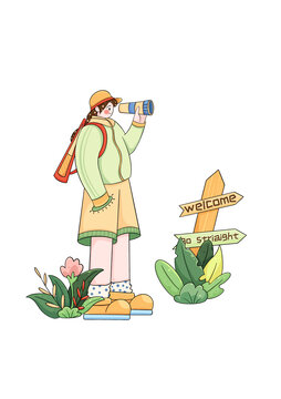 拿望遠(yuǎn)鏡出游人物扁平插畫
