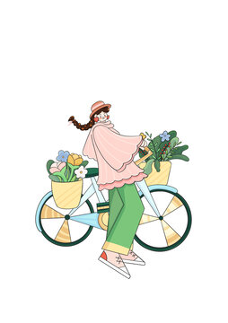 騎自行車出游女孩插畫