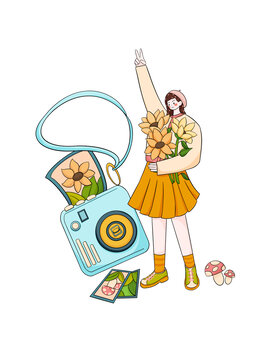 女孩拍照扁平插畫