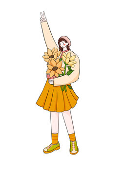 拿向日葵的女孩插畫