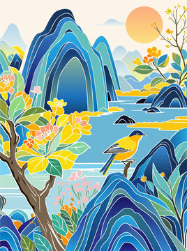 國風(fēng)山水花鳥矢量插畫