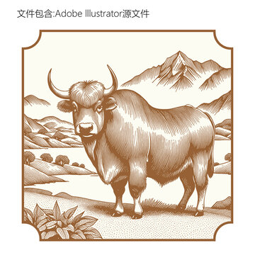 原創(chuàng)牦牛版畫插畫設(shè)計(jì)元素