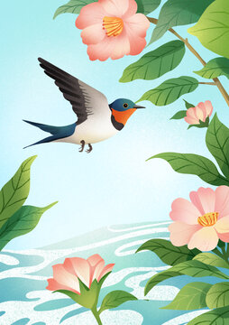 春分時節(jié)燕子花朵場景插畫
