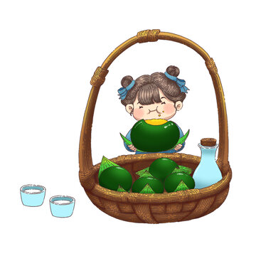 卡通手繪少女吃青團