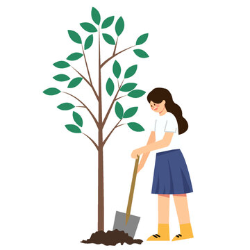 正在種樹的女孩扁平風(fēng)矢量插畫元素