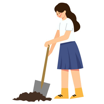 一個(gè)女生拿著鏟子鏟地上的泥土矢量插畫