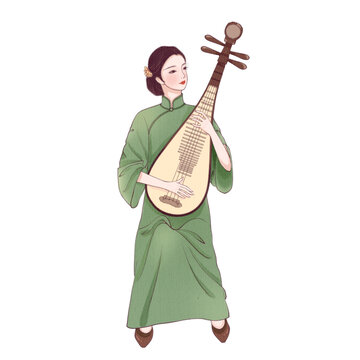 手繪中國風彈琵琶美女