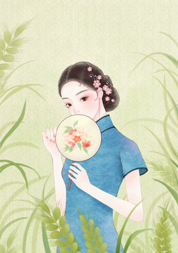 國風旗袍美人節(jié)氣插畫