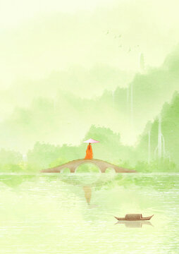 小清新唯美水彩節(jié)氣背景插畫