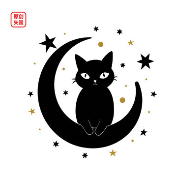 矢量插畫動(dòng)物黑色小貓和月亮剪影
