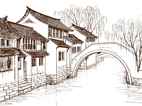 江南水鄉(xiāng)古鎮(zhèn)建筑底紋素描版畫線稿圖矢量圖