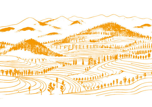 茶山茶園插圖版畫素描底紋包裝矢量圖