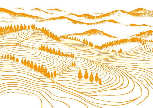 茶山茶園插圖版畫素描底紋包裝矢量圖