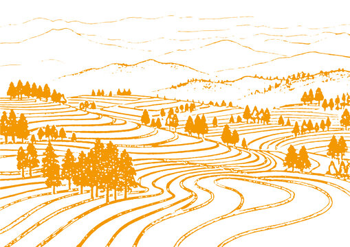 茶山茶園插圖版畫素描底紋包裝矢量圖