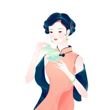 手繪國潮風旗袍民國美女喝茶