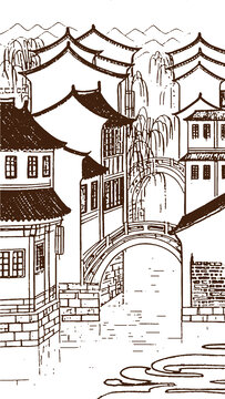江南水鄉古民居建筑底紋素描版畫線稿矢量圖