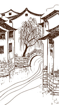 江南水鄉(xiāng)古民居建筑底紋素描版畫(huà)線稿矢量圖