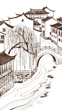 江南水鄉(xiāng)古鎮(zhèn)建筑底紋素描版畫(huà)線(xiàn)稿圖矢量圖