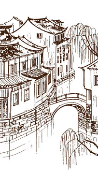 江南水鄉(xiāng)古鎮(zhèn)建筑底紋素描版畫線稿圖矢量圖