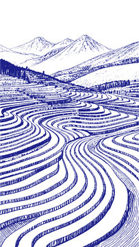 茶山茶園插圖版畫素描底紋包裝矢量圖