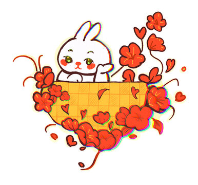 花墻兔兔托腮插畫